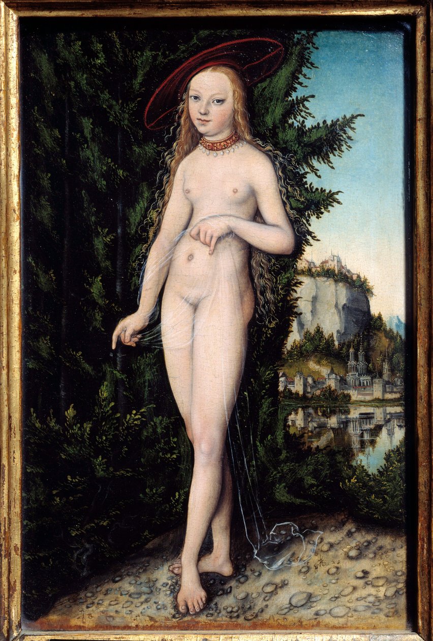 老卢卡斯·克拉纳赫 (Lucas Cranach the Elder) (1472-1553) 1529 年创作的山水画中的金星，木上油彩，暗淡。 0,38x0,25 m - 金星站在风景中。 老卢卡斯·克拉纳赫 (Lucas Cranach the Elder) 的绘画 (1472-1553) 作者 老卢卡斯·克拉纳赫