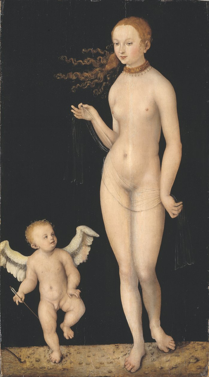 Venus et Cupidon - Venus and Cupid, by Cranach, Lucas, the Elder (1472-1553). Oil on wood. Dimension : 90x49,5 cm. Nationalmuseum Stockholm 作者 老卢卡斯·克拉纳赫