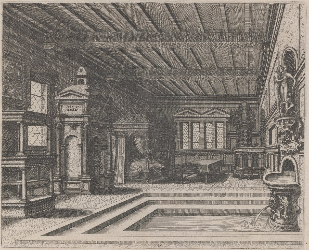 内部有自助餐、入口门和天棚床 作者 Lucas van Doetechum 和 Johannes