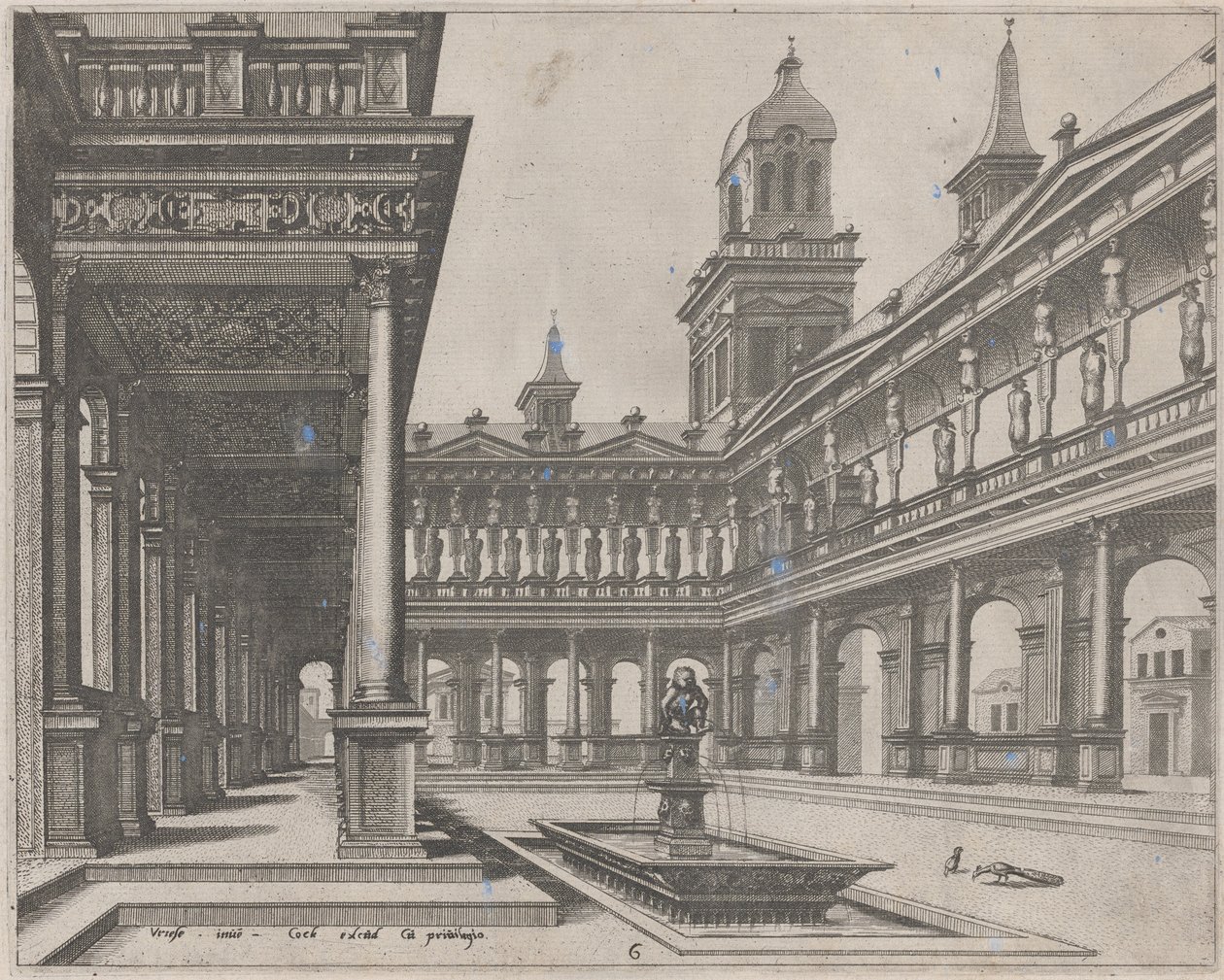 宫廷院子里的长方形盆地喷泉 作者 Lucas van Doetechum 和 Johannes