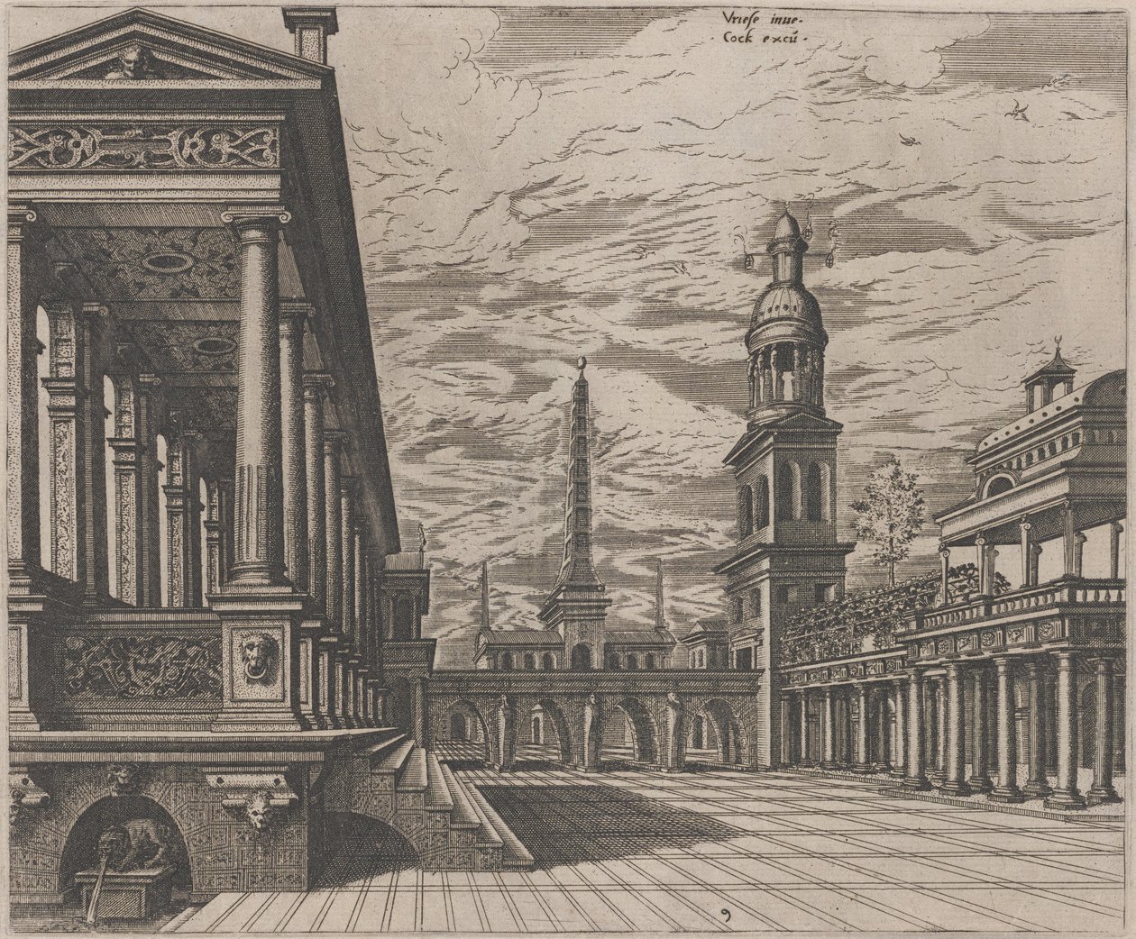 城镇广场，左边是柱廊 作者 Lucas van Doetechum 和 Johannes
