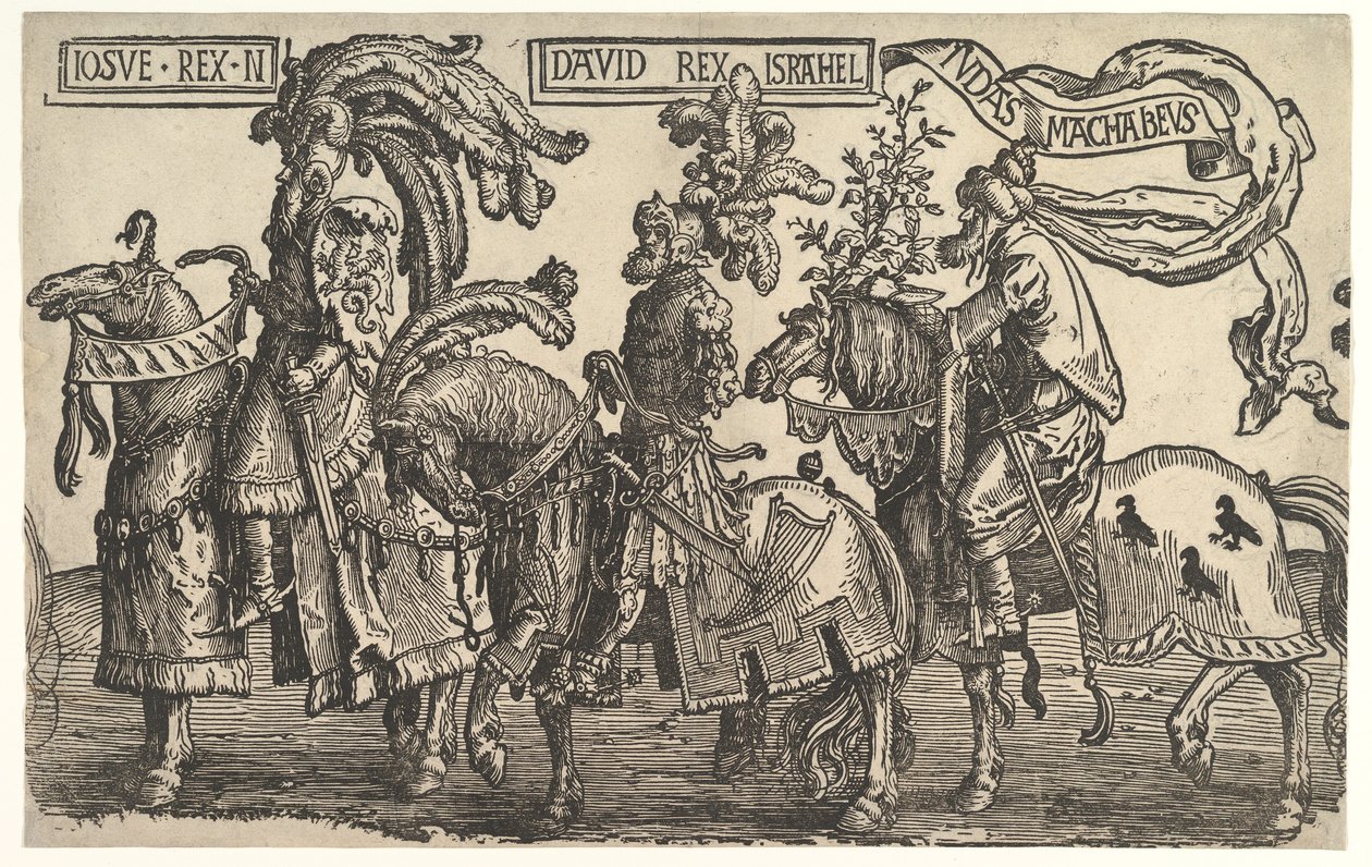 约瑟夫（Jose），大卫（David）和犹大（Judas Maccabee），来自《九个英雄》， 1520。 作者 卢卡斯·范·莱登