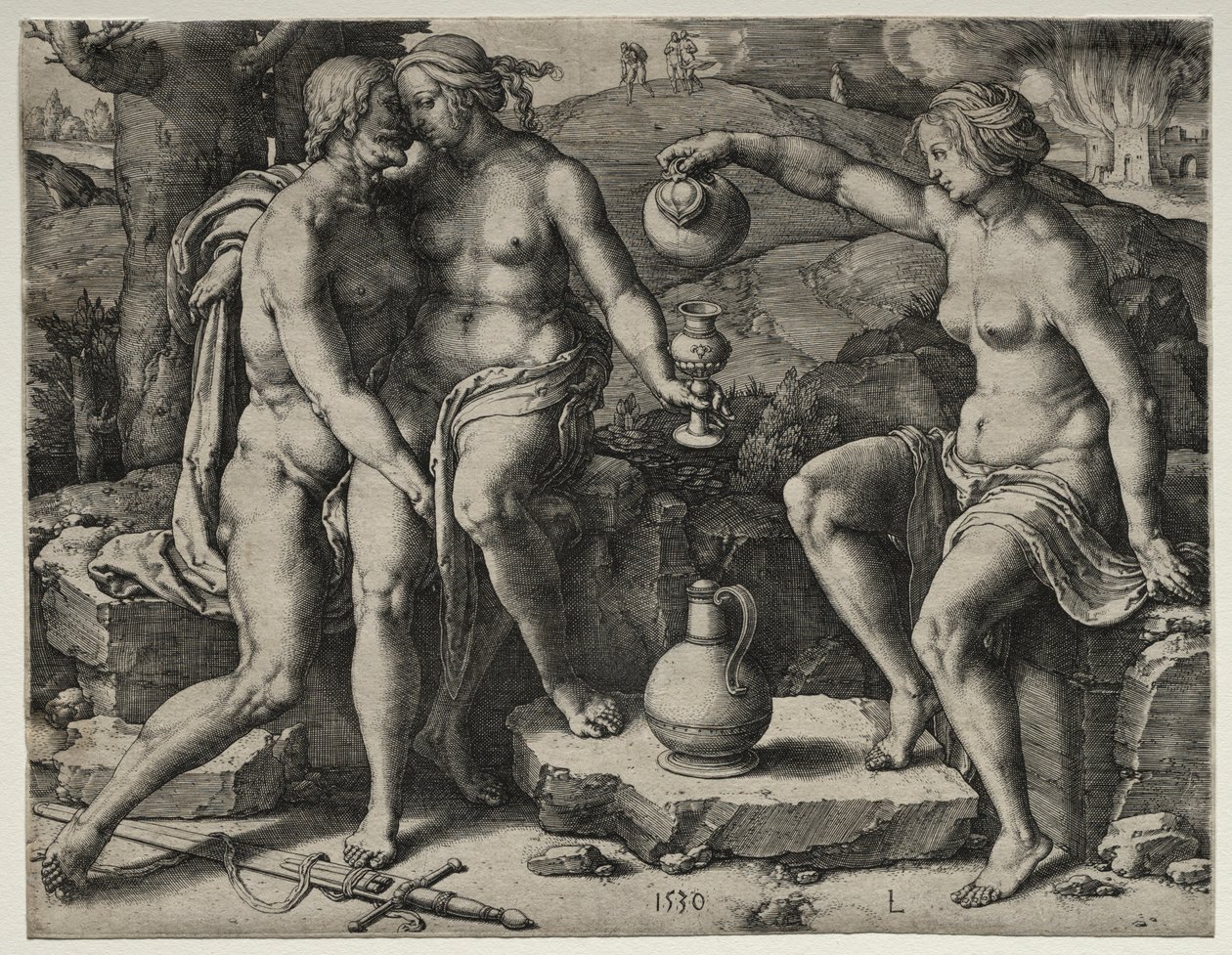 罗得和他的女儿们，1530年。 作者 卢卡斯·范·莱登