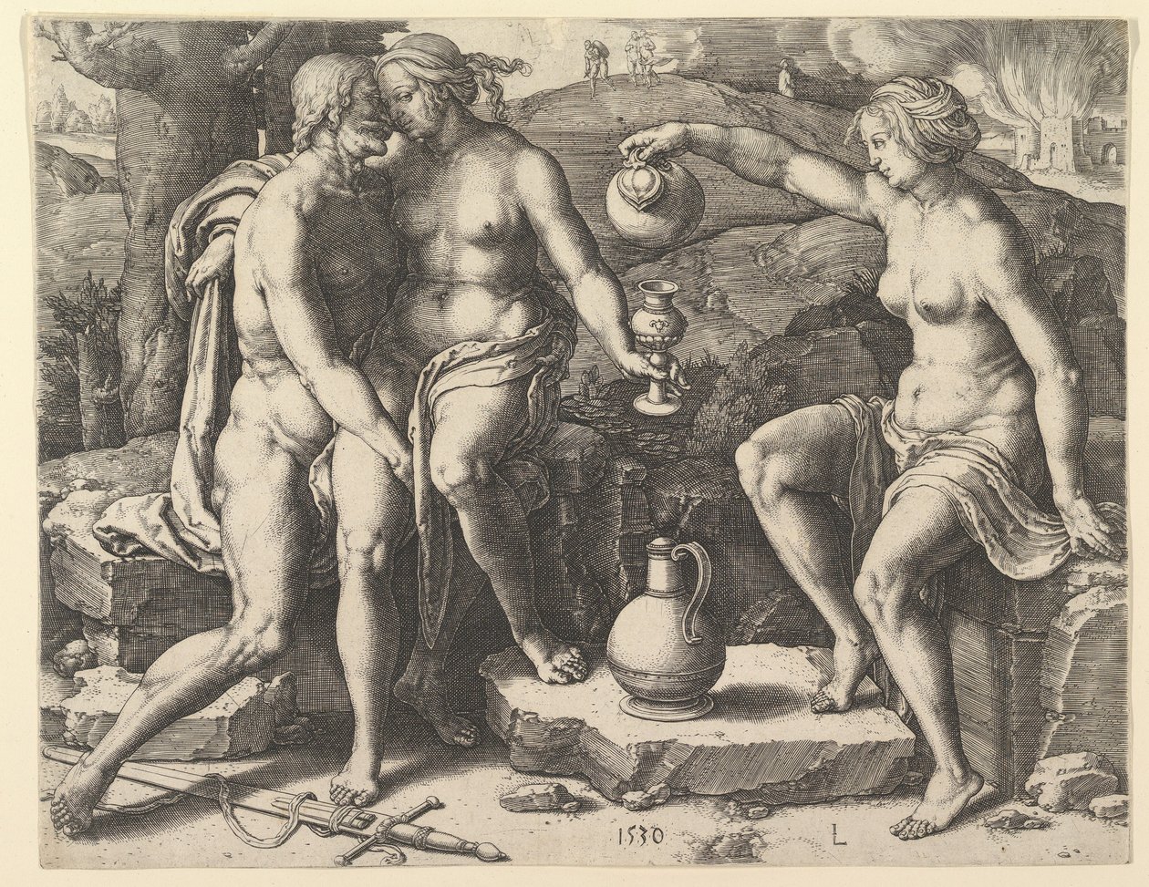 罗得和他的女儿们，1530年。 作者 卢卡斯·范·莱登