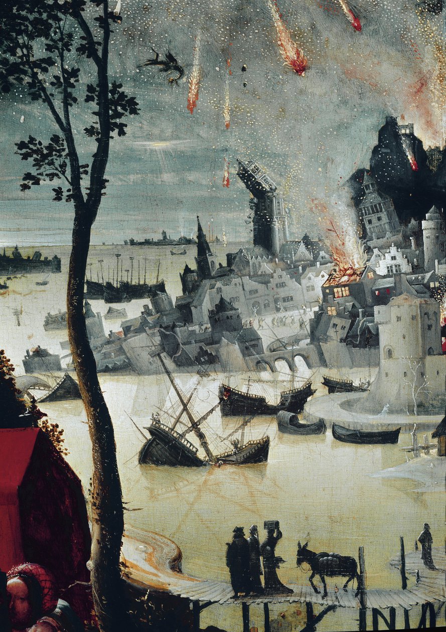 罗得和他的女儿们，索多玛被毁的细节（板画油画，约1517年）。 作者 卢卡斯·范·莱登