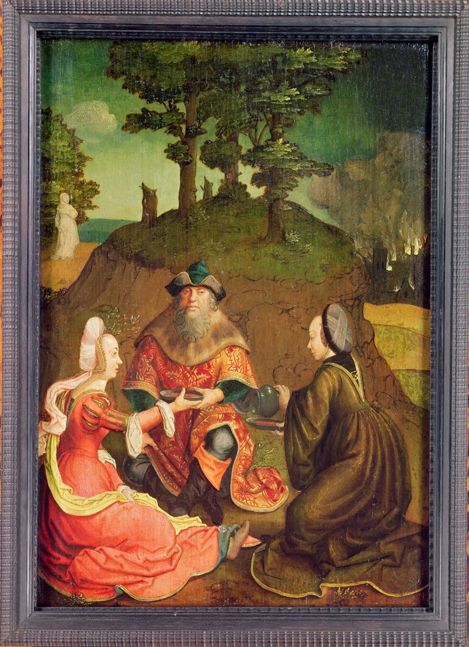 罗得的女儿让他们的父亲喝葡萄酒，c.1508-15（橡木油） 作者 卢卡斯·范·莱登