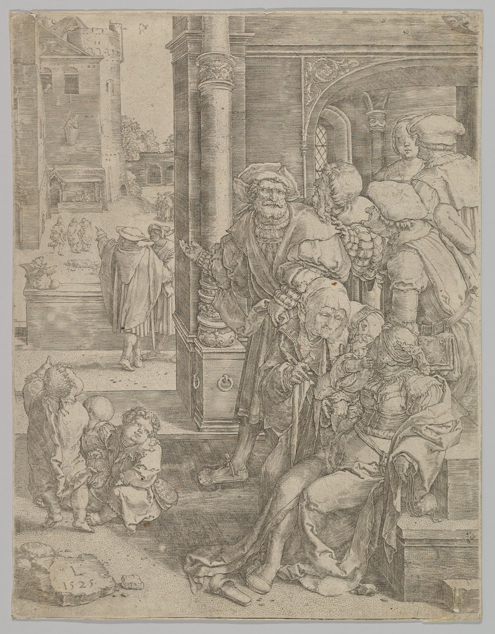 诗人维吉尔（Virgil）吊在篮子里，1525年。 作者 卢卡斯·范·莱登