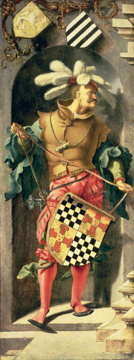杰里科盲人的治疗，三联画的左侧面板用守护神的徽章展示战士，1531（油画布从面板转移） 作者 卢卡斯·范·莱登