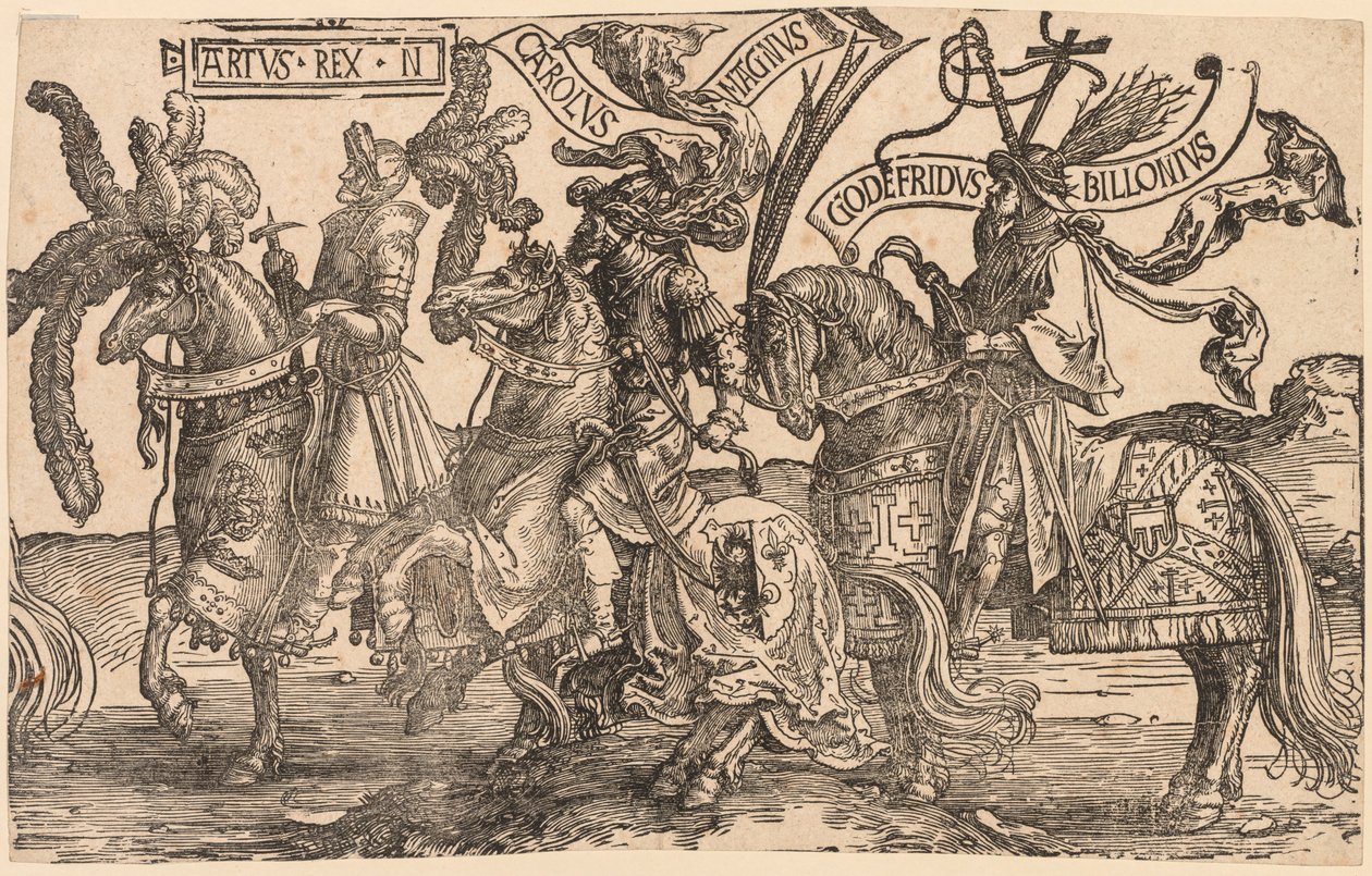 九位英雄：亚瑟，查尔斯大帝查理曼大帝，布永的戈弗雷，1515-1517年。 作者 卢卡斯·范·莱登