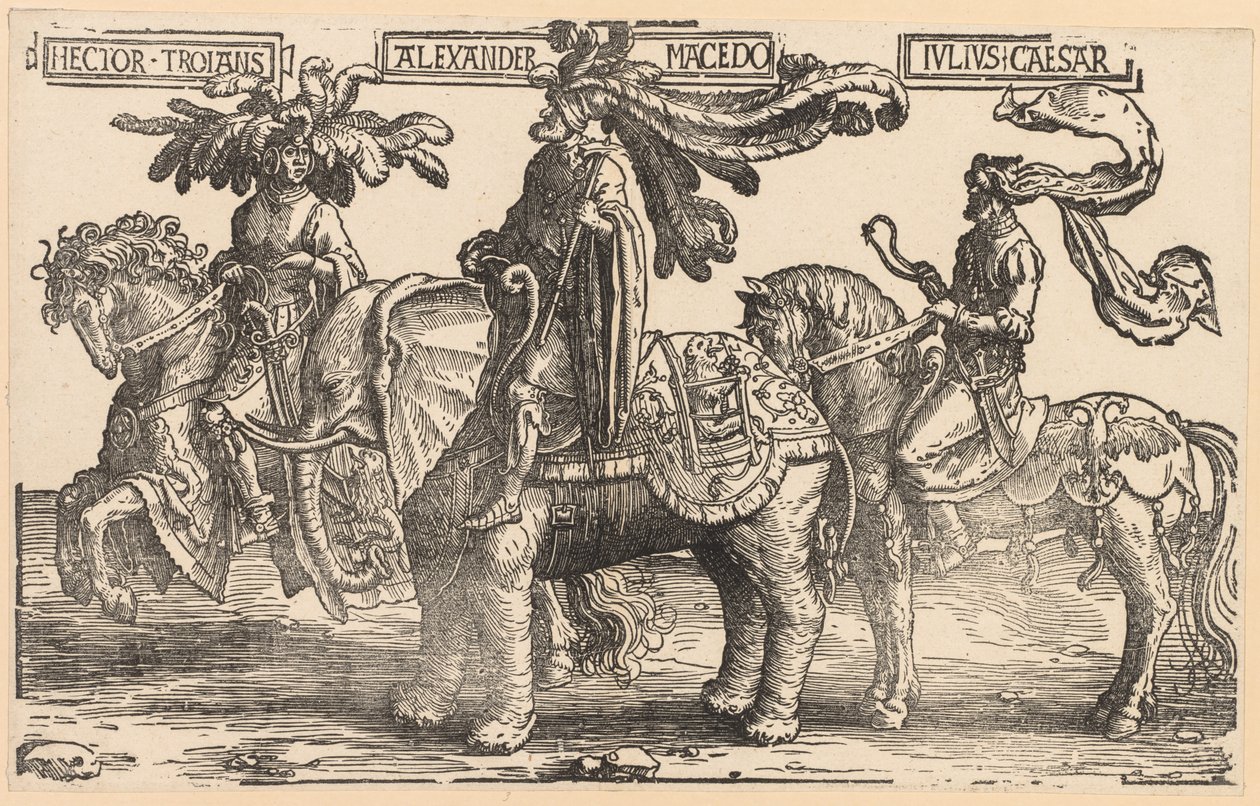 九个英雄：特洛伊·赫克托（Hector of Troy），马其顿亚历山大（Alexander of Macedon），凯撒大帝（Julius Caesar），1515-1517年。 作者 卢卡斯·范·莱登