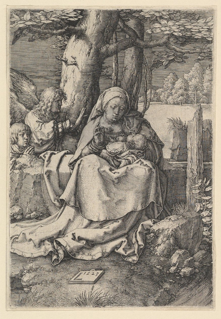 圣母子与两个天使，1523年。 作者 卢卡斯·范·莱登