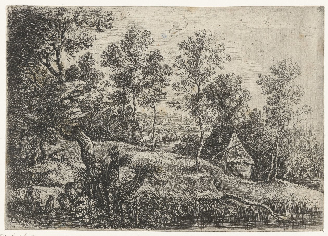 有房屋和水井的风景
五幅风景画（系列名称） 作者 卢卡斯·范·乌登（Lucas van Uden）