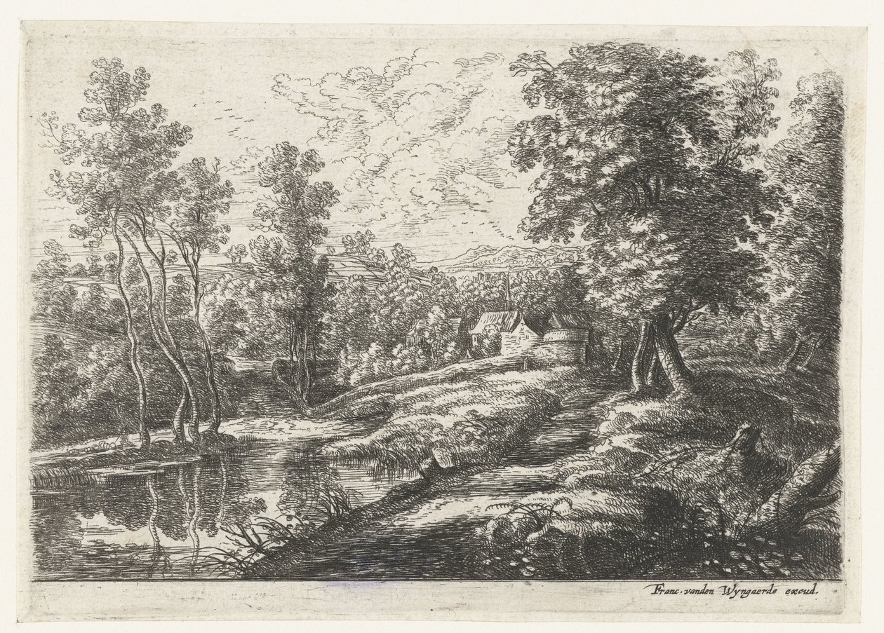 被围墙环绕的房屋和教堂景观
五幅风景画（系列名称） 作者 卢卡斯·范·乌登（Lucas van Uden）