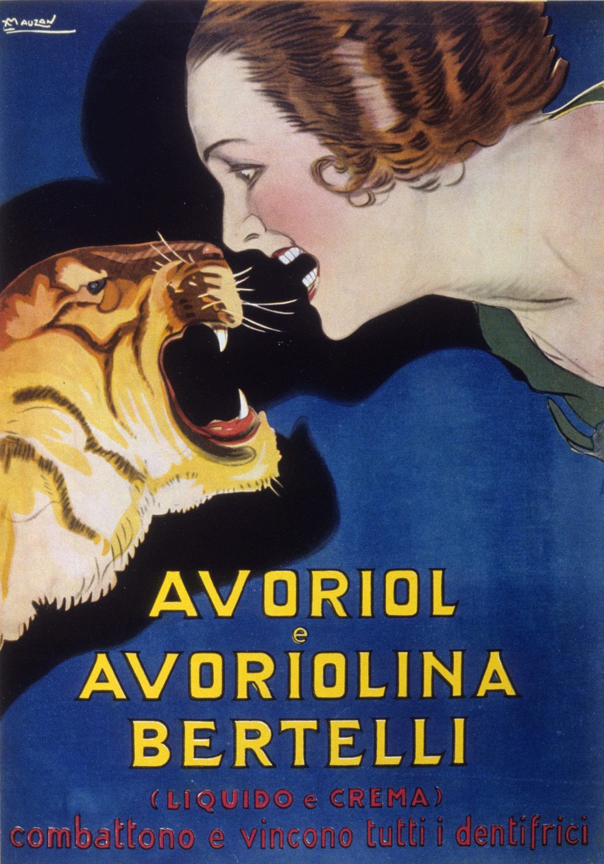 牙膏 Avoriol 和 Avoriolina Bertelli（20 世纪 20 年代至 30 年代的广告）。插图作者：Lucien Achille Mauzan（1883 - 1952 年）。 作者 卢西亚诺·阿奇勒·莫赞
