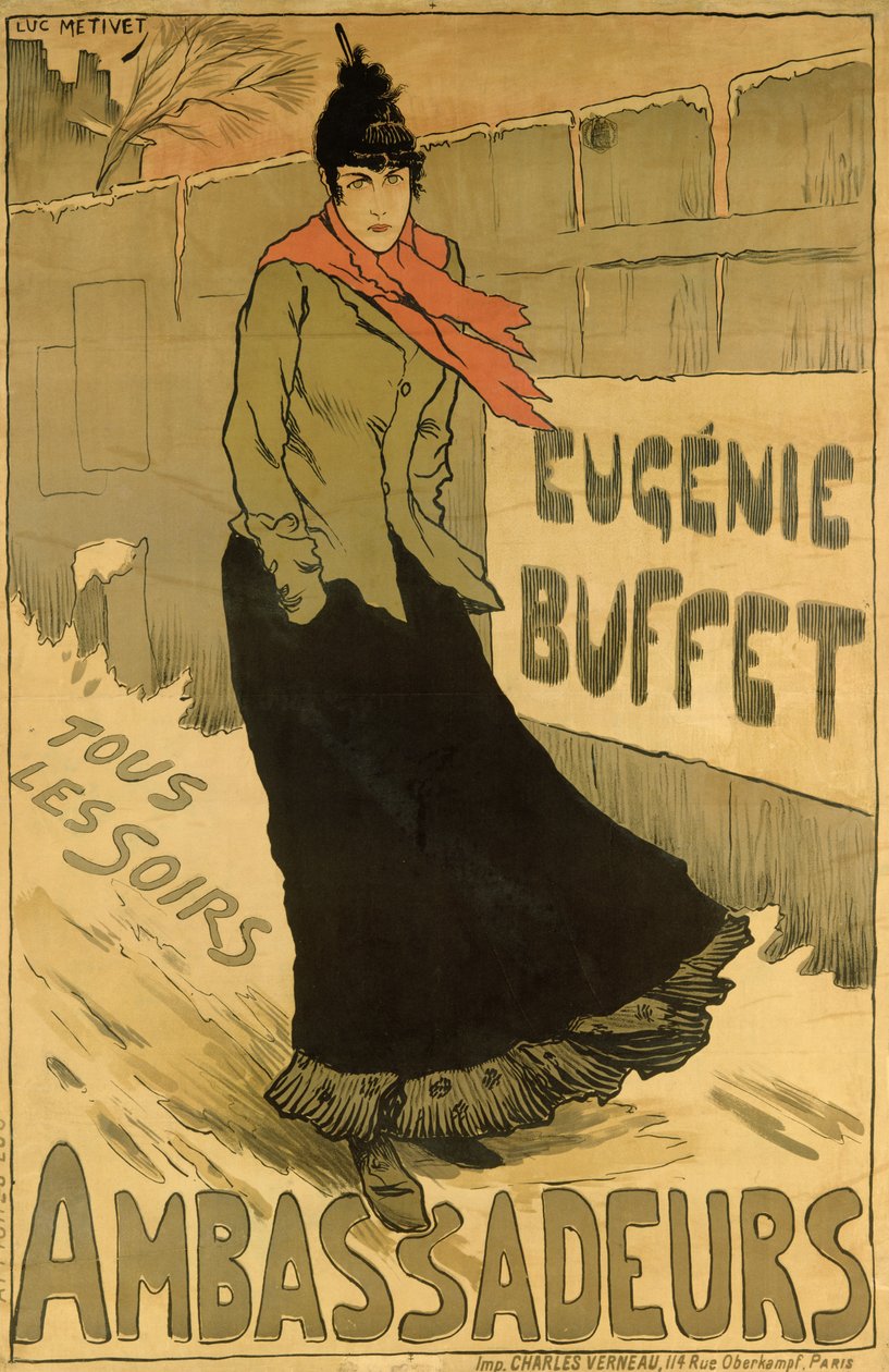 1893年在巴黎大使馆复制了一张海报广告“Eugenie Buffet” 作者 露西安·梅蒂（Lucien Metivet）