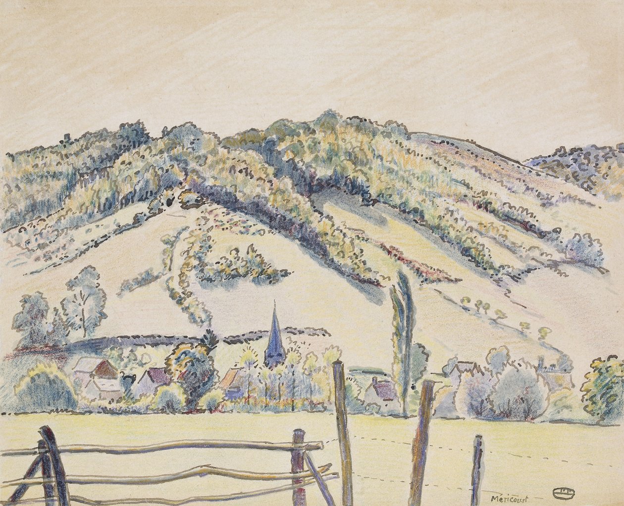 Méricourt，1919年（白纸上的钢笔墨水和彩色蜡笔） 作者 卢西安·皮萨罗（Lucien Pissarro）