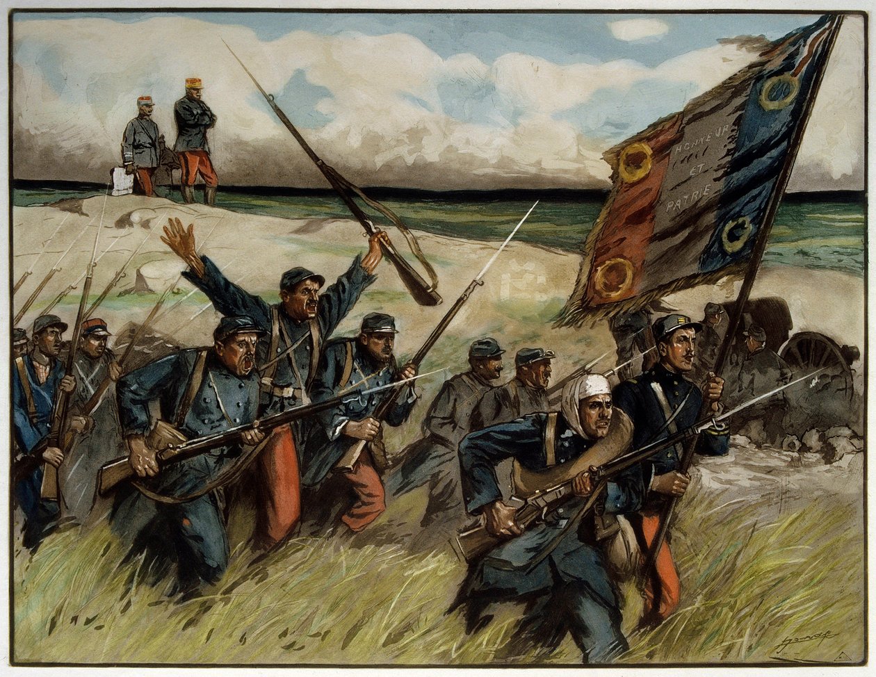 第一次世界大战（1914-1918 年）：吕西安-赫克托（Lucien-Hector）-乔纳斯（1880-1947 年）1914 年绘画作品："Charge à la baionette en septembre 1914" 巴黎。两次世界大战博物馆 作者 吕西安·赫克托·乔纳斯