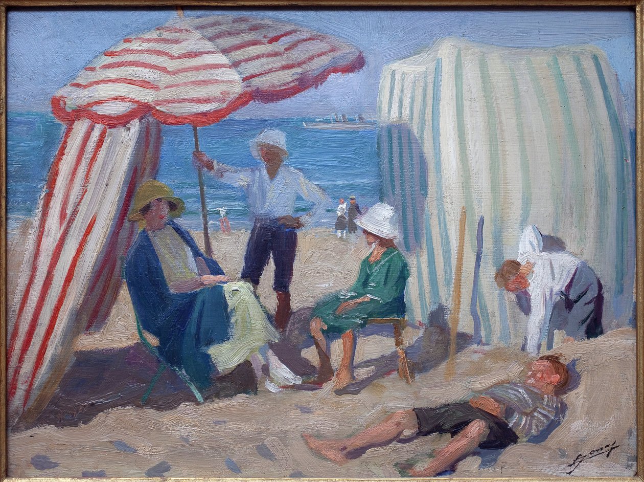 海滩上吕西安-若纳斯（1880-1947 年）的油画，木板 1920 年，法国艺术，20 世纪。鲁贝游泳池博物馆。 作者 吕西安·赫克托·乔纳斯