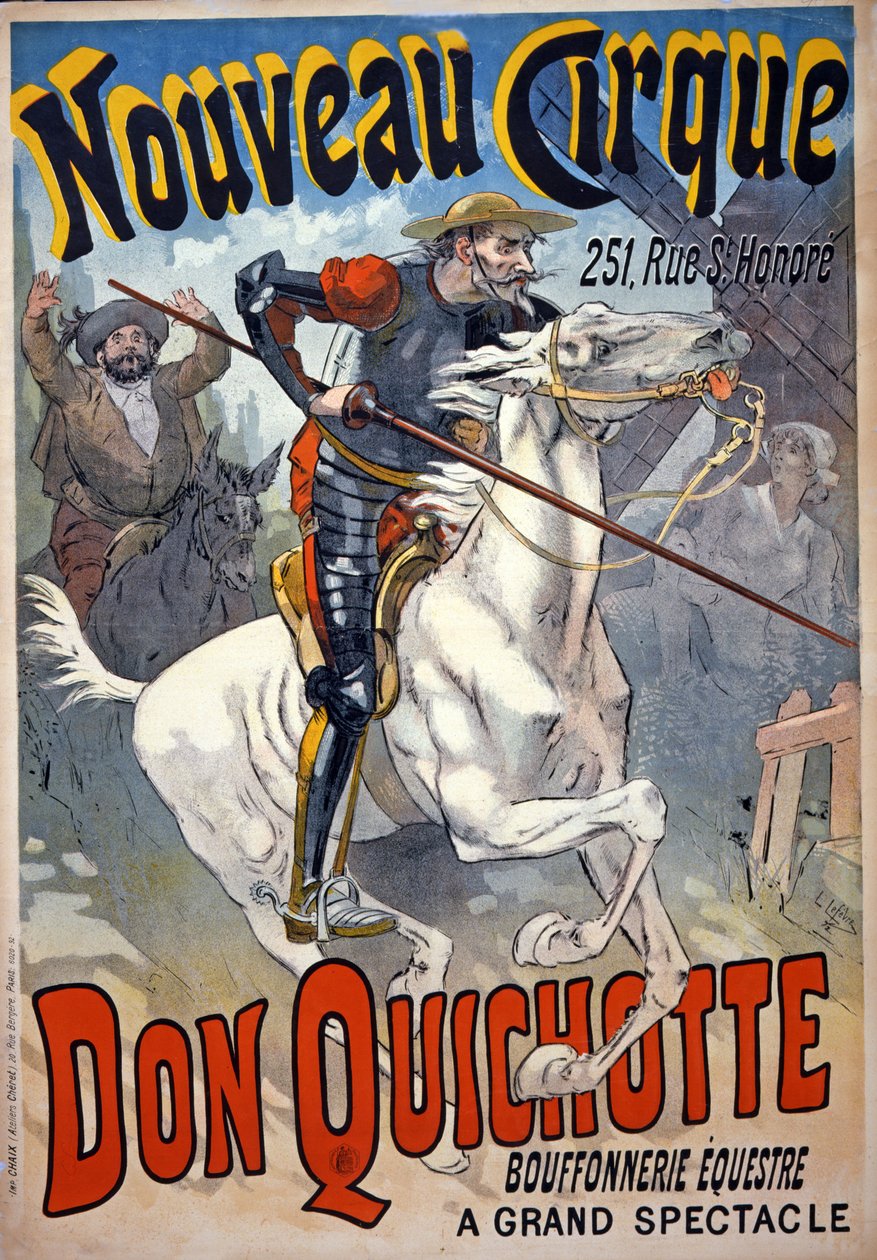Nouveau Cirque "的广告，主角是 "Don Quichotte, Bouffonnerie équestre"，1892 年出版。1892 年（彩色印刷版） 作者 吕西安·勒费弗