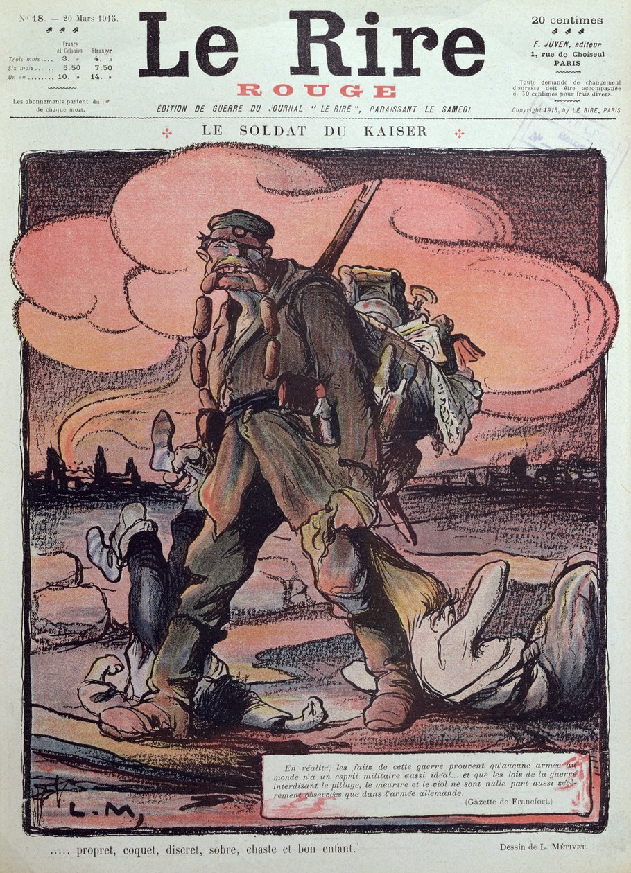 1915年3月20日，来自&39;Le Rire Rouge&39;封面的一名德国士兵的漫画 作者 露西安·梅蒂（Lucien Metivet）