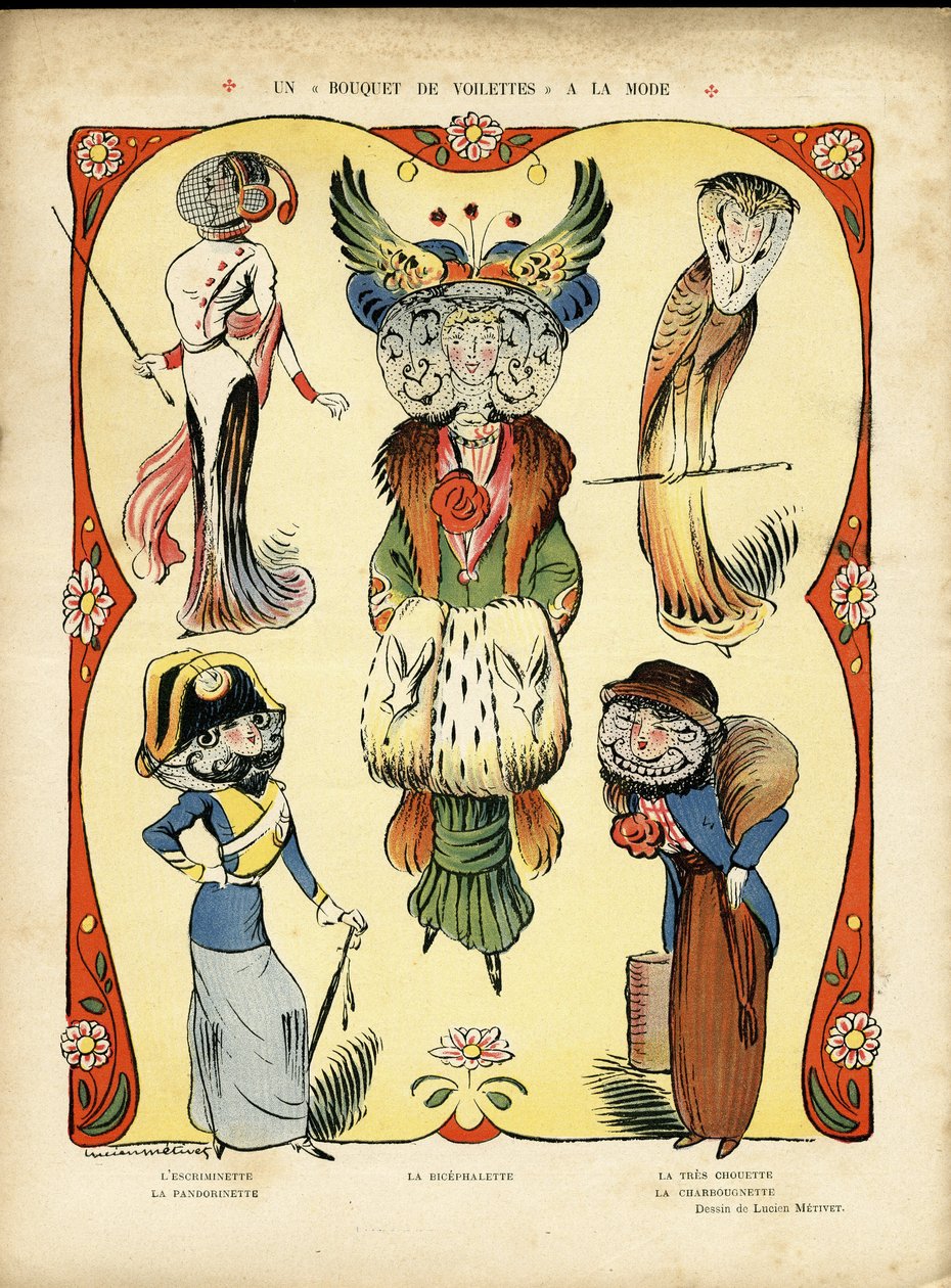 Illustration in Le Rire, 09/04/10 - A trendy bouquet of veils - Fashion, Fencing (engraving) 作者 露西安·梅蒂（Lucien Metivet）