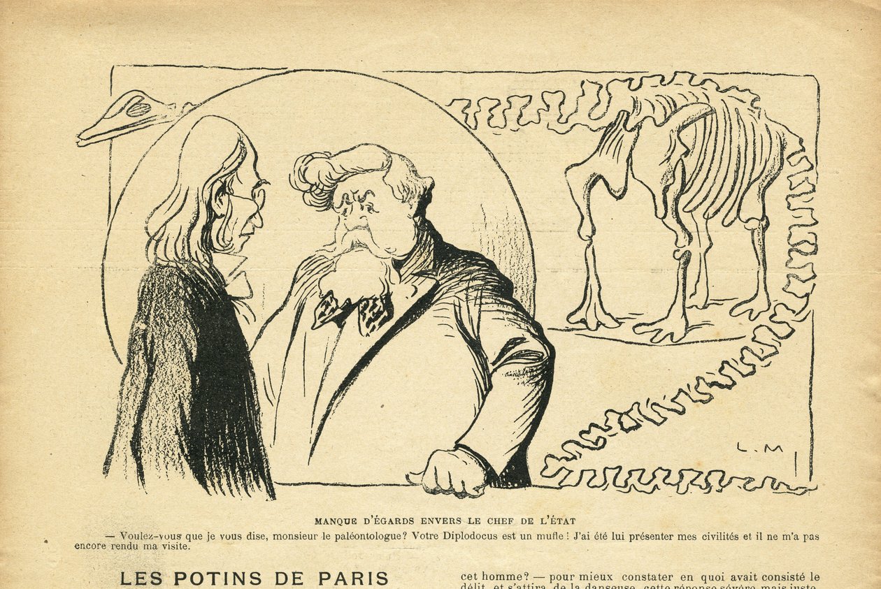 Le Rire 插图，27/06/08 - 无视国家元首 - 共和国总统，恐龙，古生物学 - Fallieres Armand（1841-1931），恐龙，梁龙（雕刻） 作者 露西安·梅蒂（Lucien Metivet）