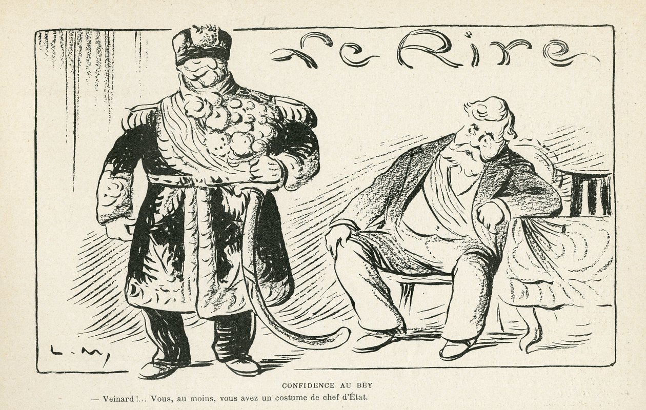 Le Rire 插图，07/27/12 - Confidence au bey - Colonization - Fallieres Armand (1813-1941)，Naceur Bey (Mohamed el-Naceur Bey) (1855-1922)（雕刻） 作者 露西安·梅蒂（Lucien Metivet）