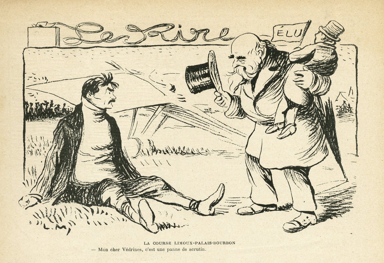 Le Rire 中的插图，03/30/12 - 利穆 - 宫 - 波旁竞赛 - 选举，航空 - Vedrines Jules (1881-1919)（雕刻） 作者 露西安·梅蒂（Lucien Metivet）