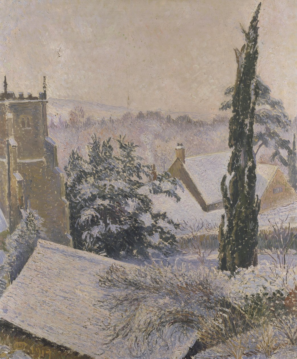 East Knoyle Church：Snow，1917 作者 卢西安·皮萨罗（Lucien Pissarro）