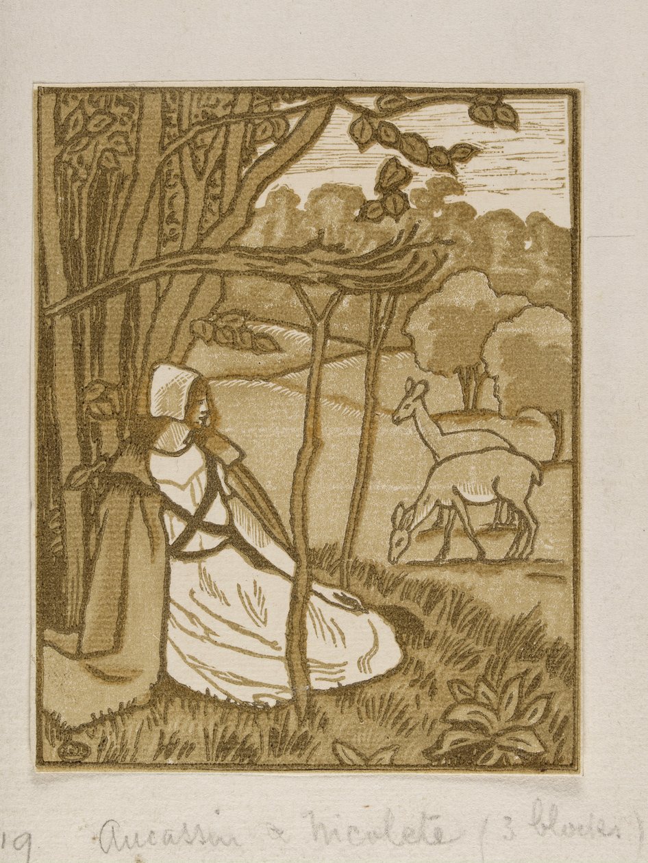 坐在树下的女孩和鹿，卢西恩-毕沙罗的木刻版画，约1880-1940年 作者 卢西安·皮萨罗（Lucien Pissarro）