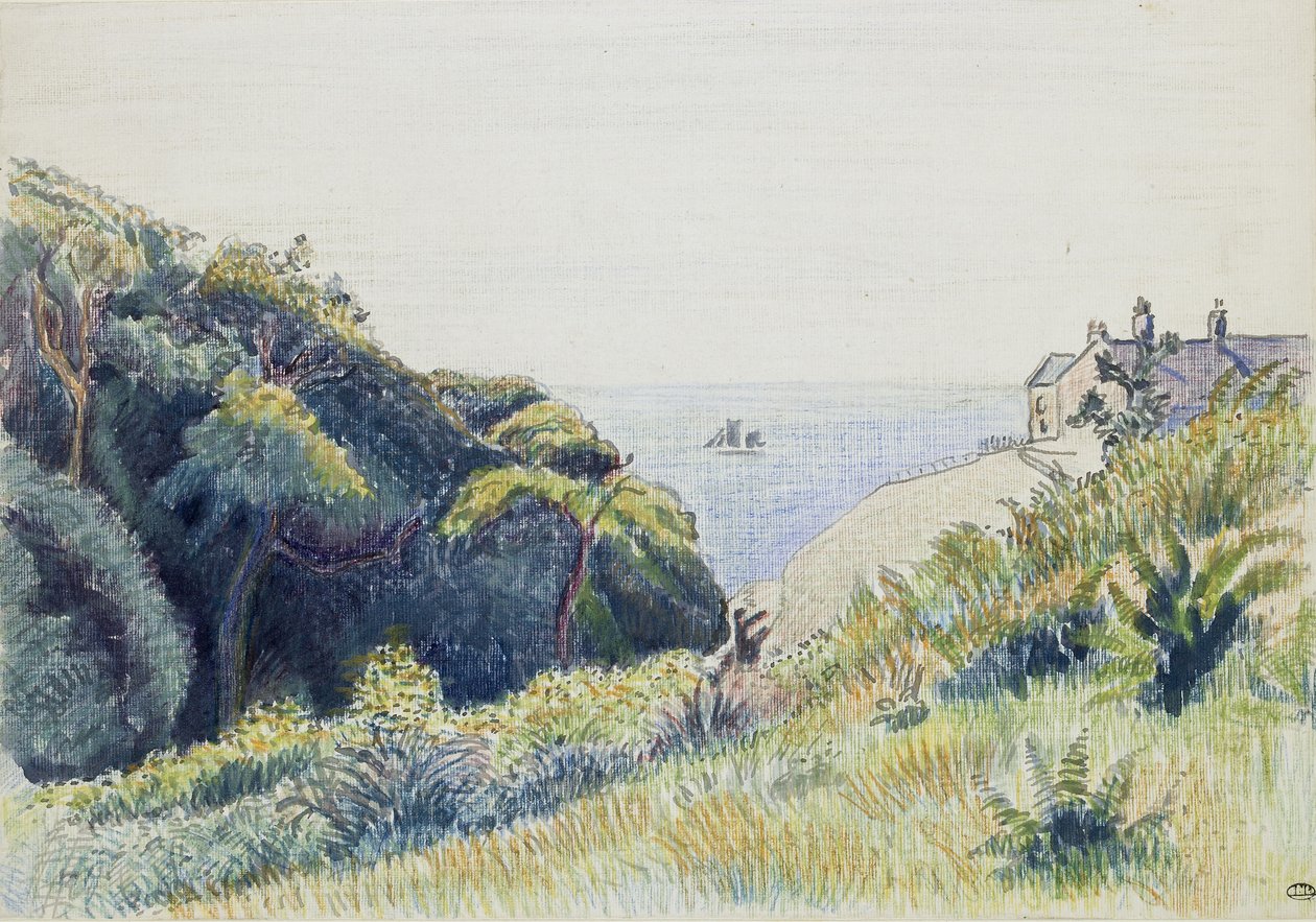 The Coastguards House，Ecclesbourne，1918年（笔和灰色墨水和彩色蜡笔在美纹纸上） 作者 卢西安·皮萨罗（Lucien Pissarro）