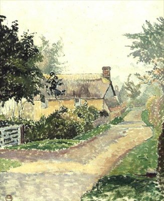 雾中小屋，鱼塘 作者 卢西安·皮萨罗（Lucien Pissarro）