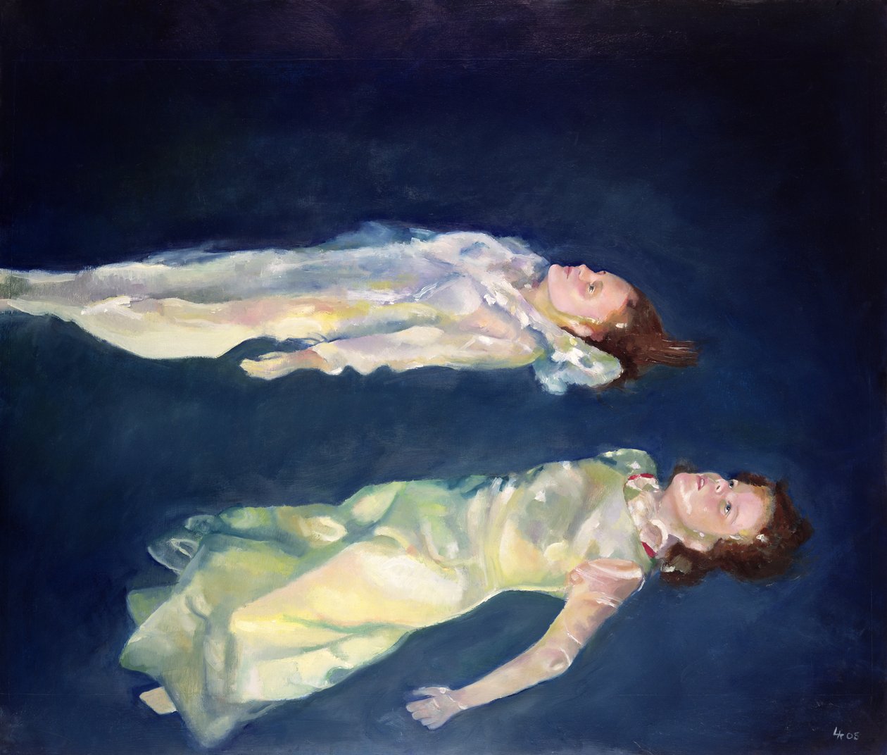 两个女孩在漂浮，2004 年（木板油画） 作者 露辛达·阿伦德尔