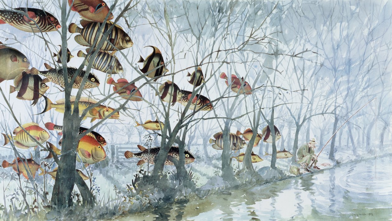 飞钓，1992年（wc，拼贴画，钢笔墨水在纸上） 作者 露西·威利斯