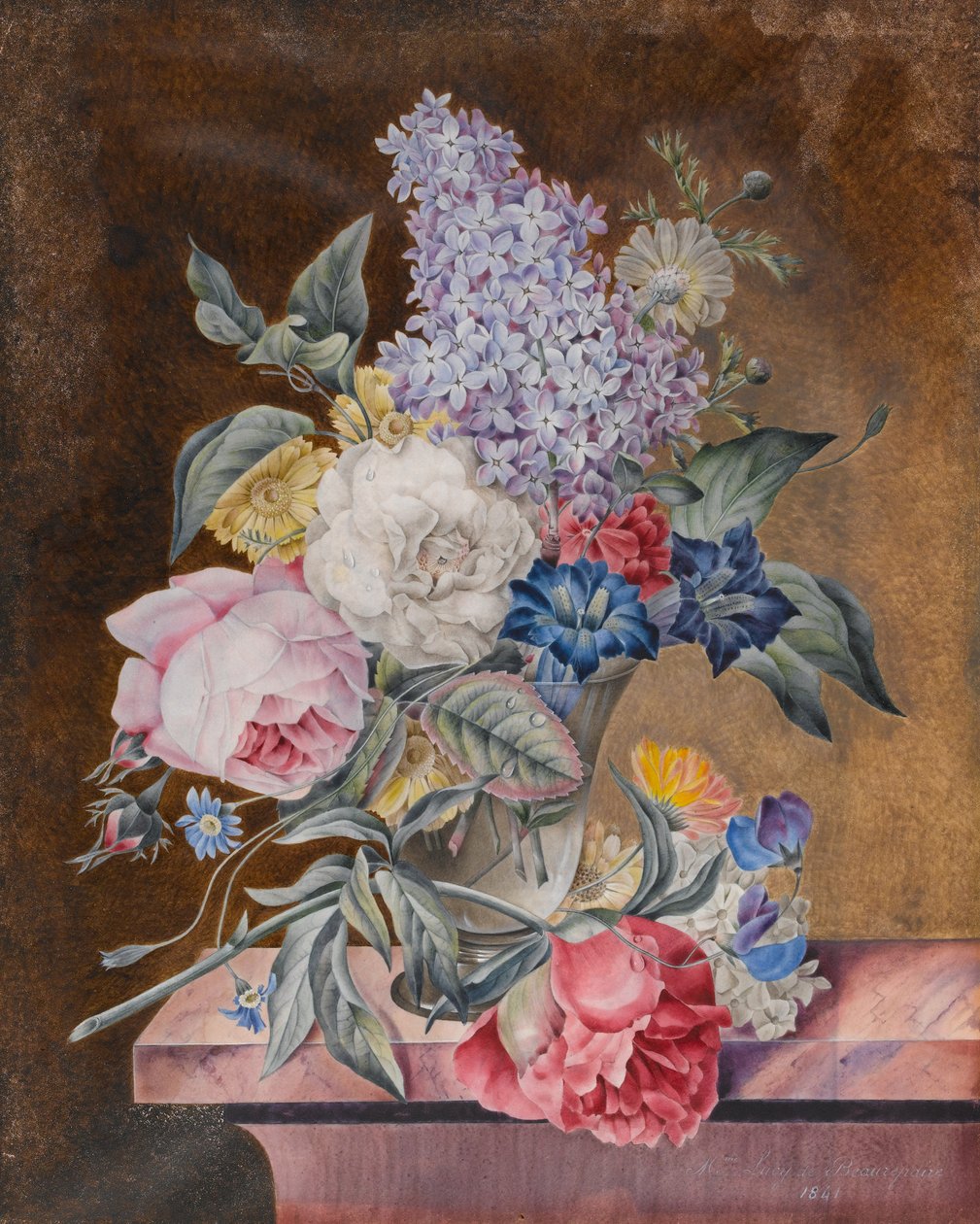 花瓶，包括1841年的大理石壁架上的玫瑰和丁香（wll和vellum上的bodycolour） 作者 露西·德·波瑞佩（Lucy de Beaurepaire）