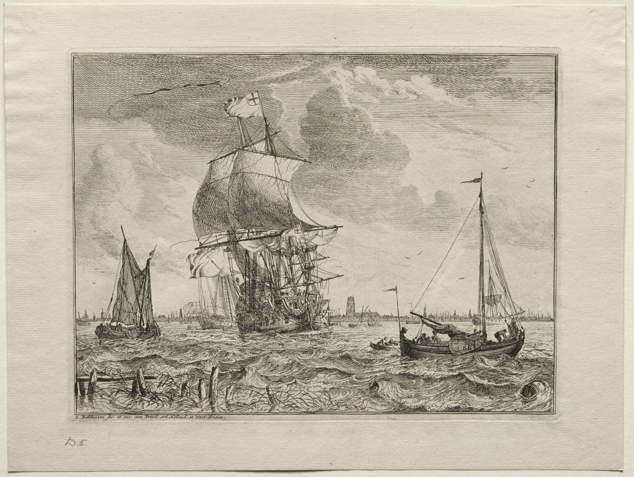 与阿姆斯特丹在远处的海洋场景，1701年。 作者 鲁道夫·贝克森