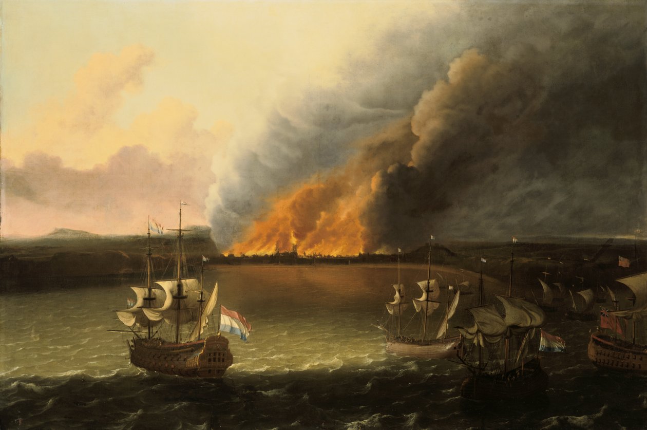远处有火的海景画，1667年 作者 鲁道夫·巴克海森一世