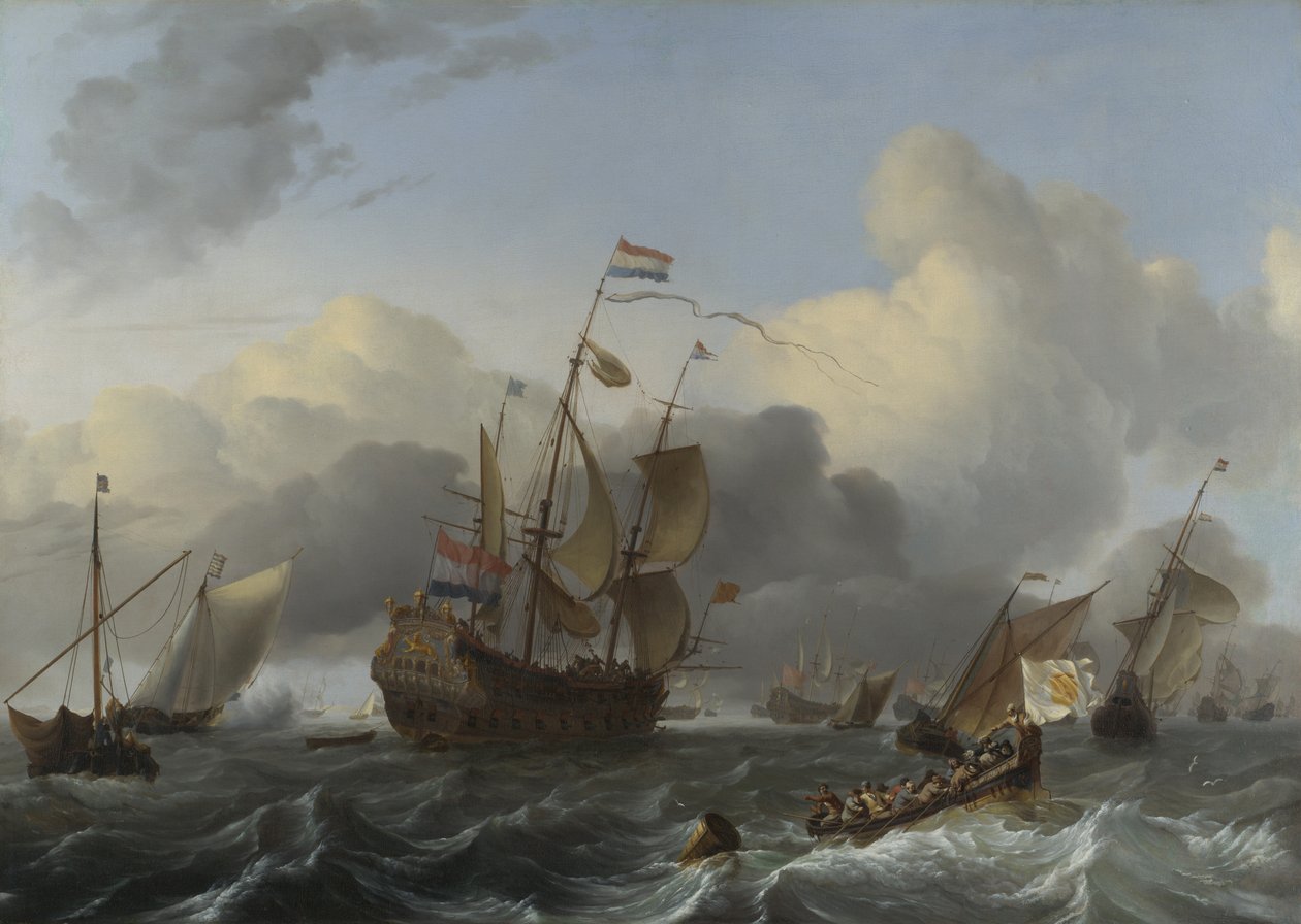 旗舰Eendracht和一支由荷兰参战的舰队，c。 1670 作者 鲁道夫·巴克惠曾