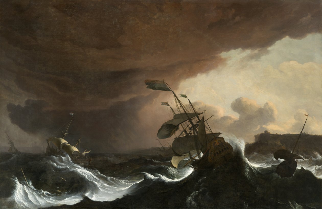 海岸外暴风雨中的船只，约1700-1705（布面油画） 作者 鲁道夫·我·巴克森