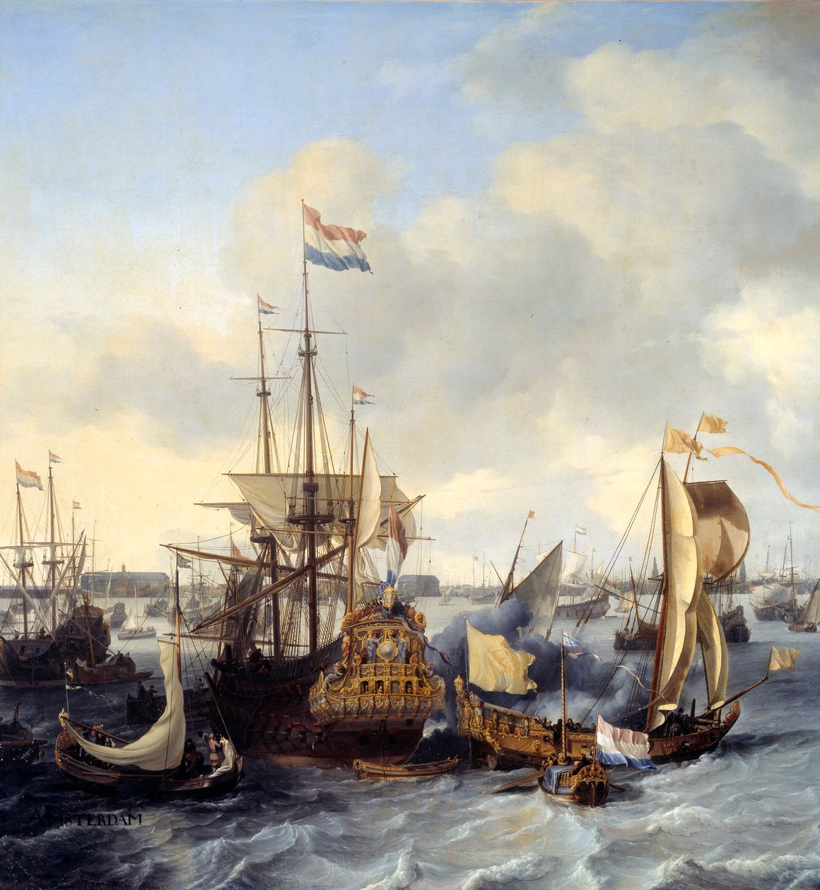 阿姆斯特丹港的详细视图。 Ludolf Backhuysen (1631-1708) 1666 年作画。 1,28x2,21 m 作者 鲁道夫·我·巴克森