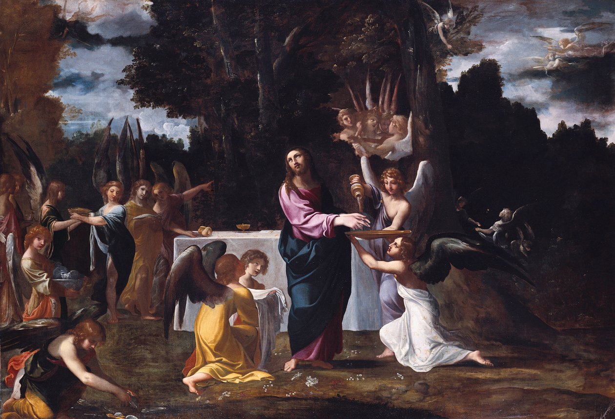 基督在旷野，由天使服务 作者 卢多维科·卡拉奇（Ludovico Carracci）
