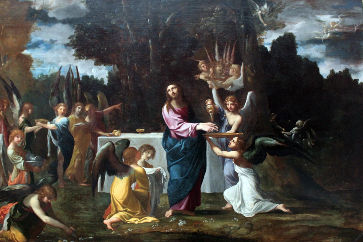 耶稣在沙漠中，由天使服务 作者 卢多维科·卡拉奇（Ludovico Carracci）