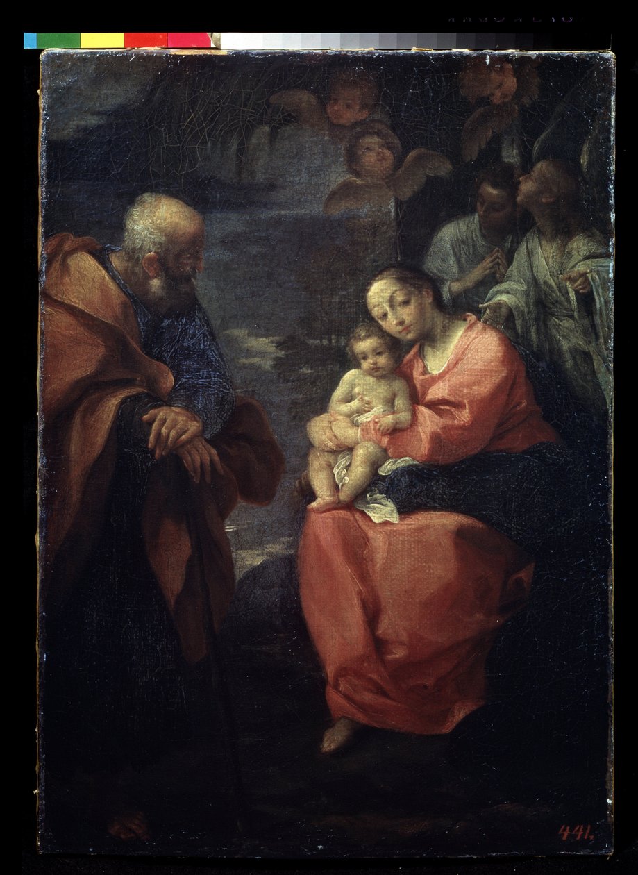 "Le repos de la sainte famille lors de la fuite en Egypte"（《棕榈树下的神圣家庭（飞往埃及途中的休息）》）。卢多维科-卡拉奇的画作（卢多维科-卡拉奇 作者 卢多维科·卡拉奇（Ludovico Carracci）