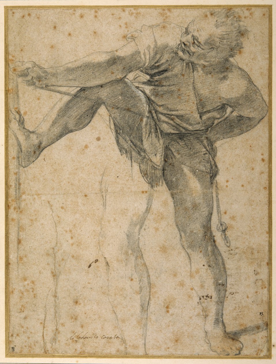 Man pulling on a rope, his left leg rehearsed a second time (black chalk on paper) 作者 卢多维科·卡拉奇（Ludovico Carracci）