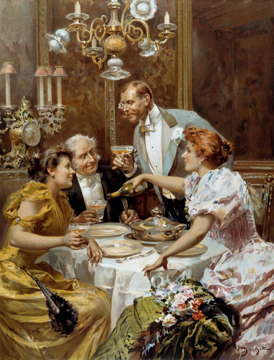 美好时光：“美好的晚餐”“” 两对情侣在私人酒廊喝香槟。 Ludovico Marchetti (1853-1909) 的插图，1893 年私人收藏 作者 卢多维科·马尔凯蒂（Ludovico Marchetti）