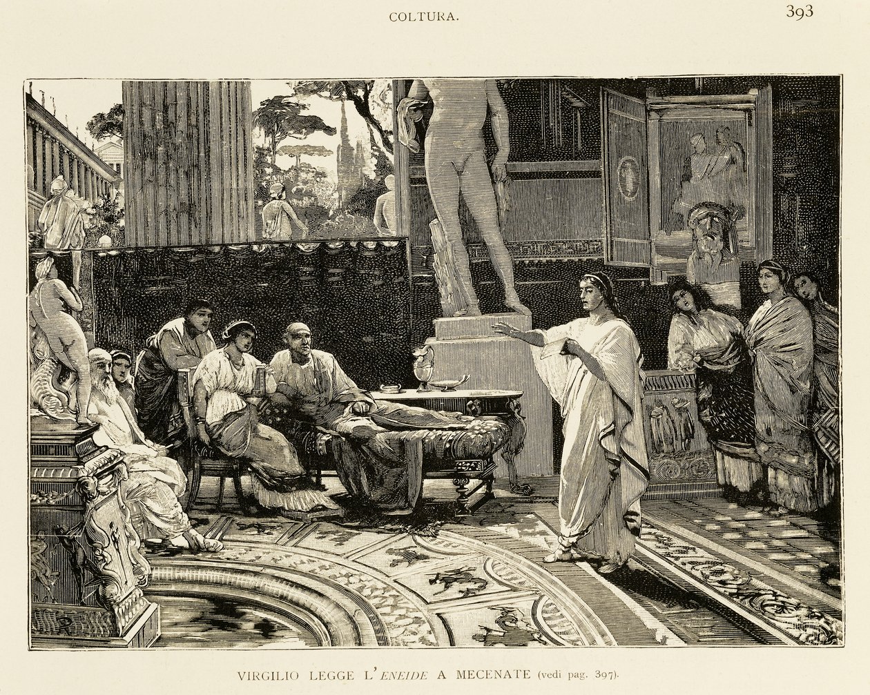Maecenas 聆听维吉尔朗读《埃涅伊德》，Lodovico Pogliaghi（1857-1950 年）为 Francesco Bertolini（1836-1909 年）所著《罗马早期历史》绘制的插图，Fratelli Treves 版，米兰 作者 卢多维科（Ludovico Pogliaghi）