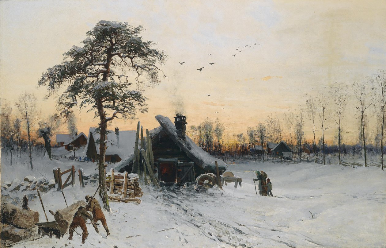 在晚上光的冬天风景 作者 路德维格·蒙特（Ludvig Munthe）