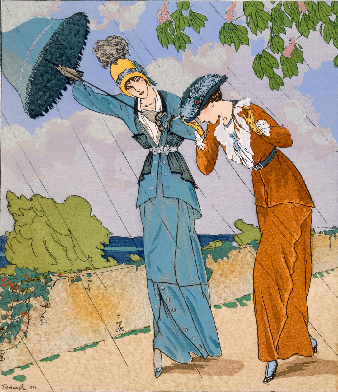 “Giboulee”，来自 Gazette du Bon Ton 的第七版，第 1 号。 1913 年 4 月 6 日（彩色平版印刷） 作者 路德维克·斯特林普