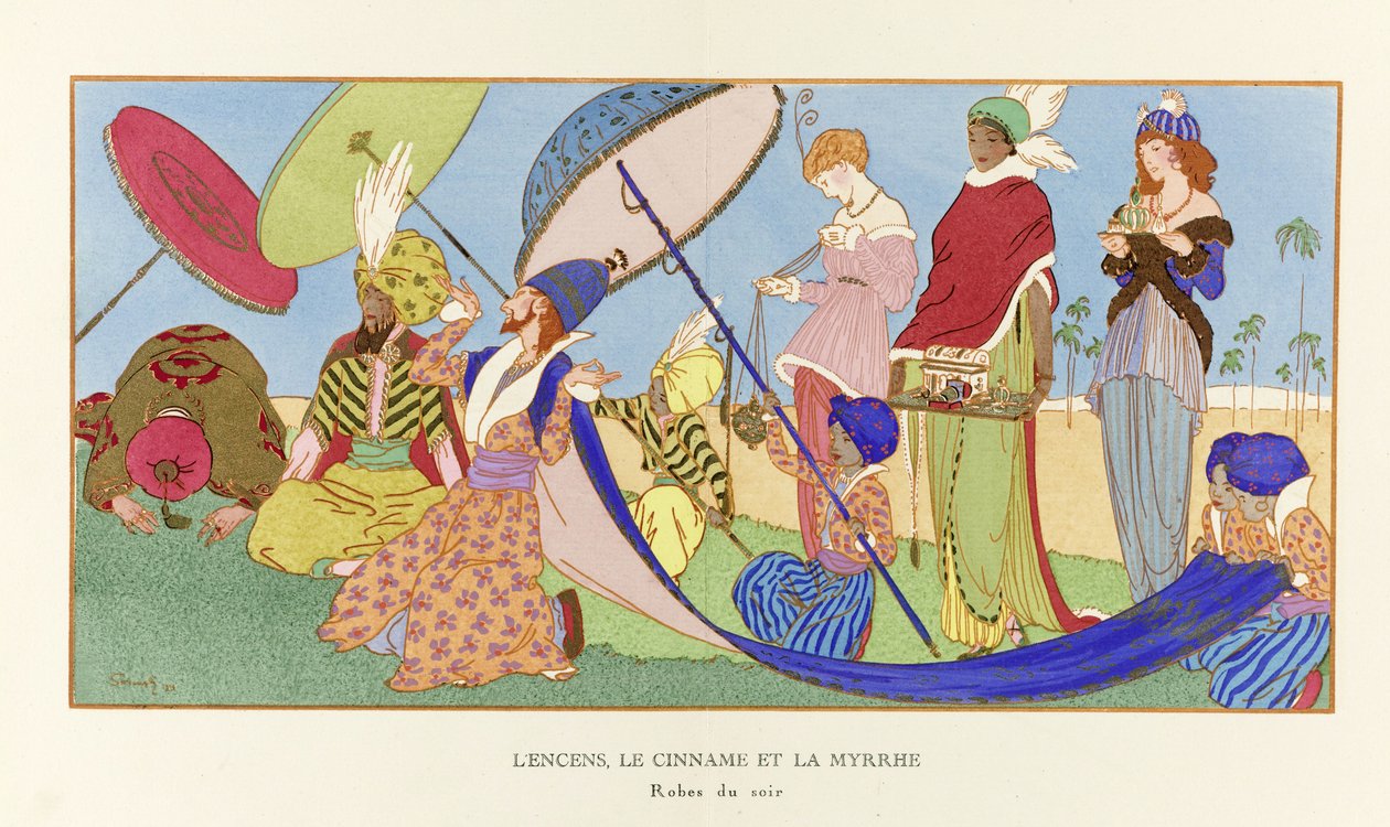 香、肉桂和没药》，选自《La Gazette du Bon Ton》，1914 年出版。1914 年（模板印刷） 作者 路德维克·斯特林普