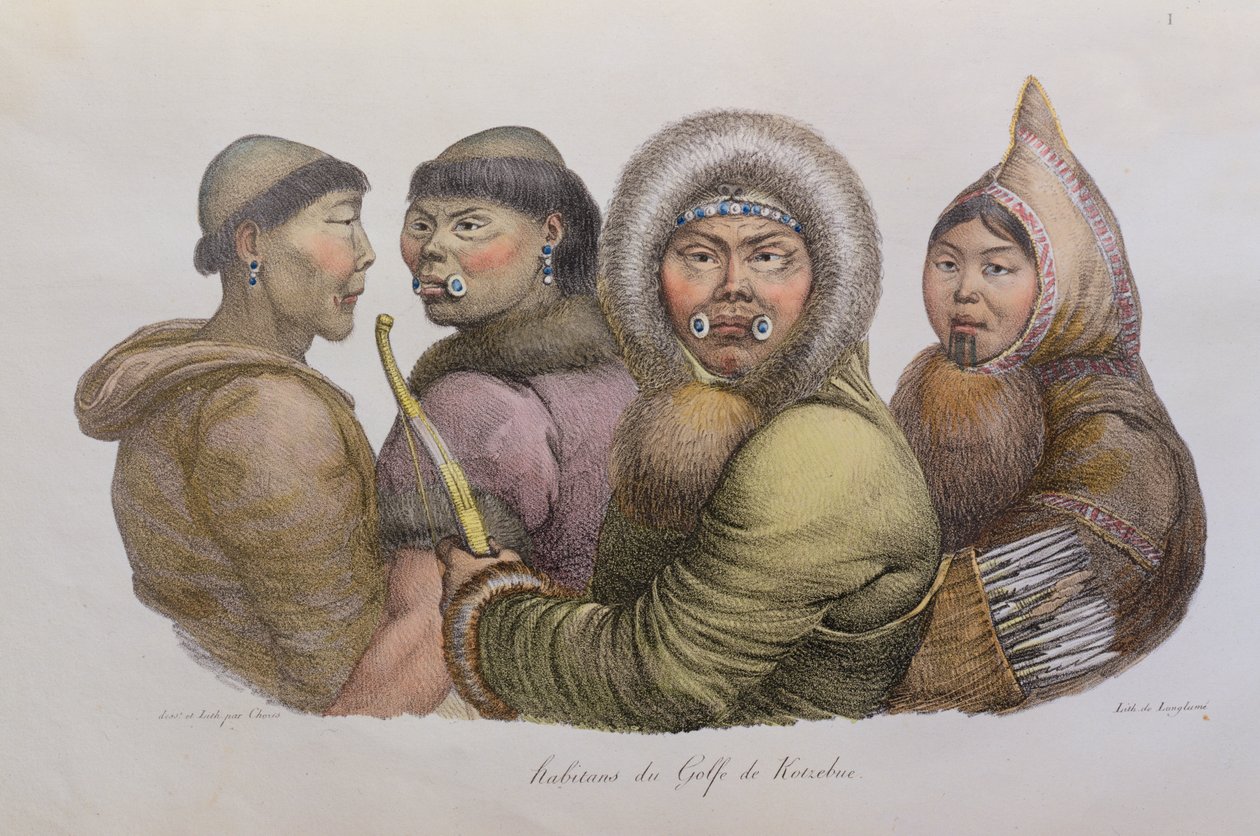 1822年出版的阿拉斯加Kotzebue湾的当地人，来自环游世界的风景旅行 作者 路德维希·克里斯（Ludwig Choris）